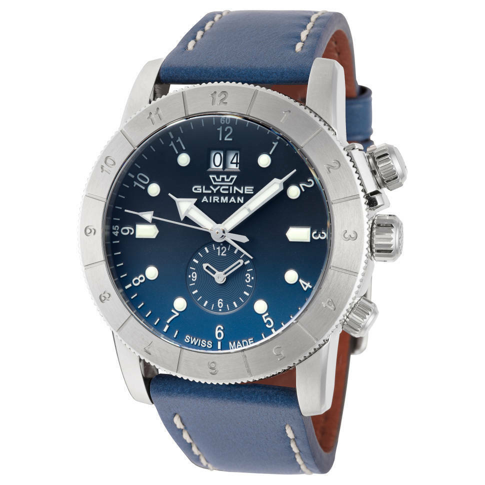 Glycine Men 42mm Airman Sapphire Quartz GMT "SWISS MADE" Blue Leather Watch 0151