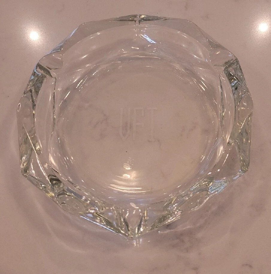 Vintage Large  Heavy  Clear Glass Cigar or Cigarette Ash Tray VFI etched inside