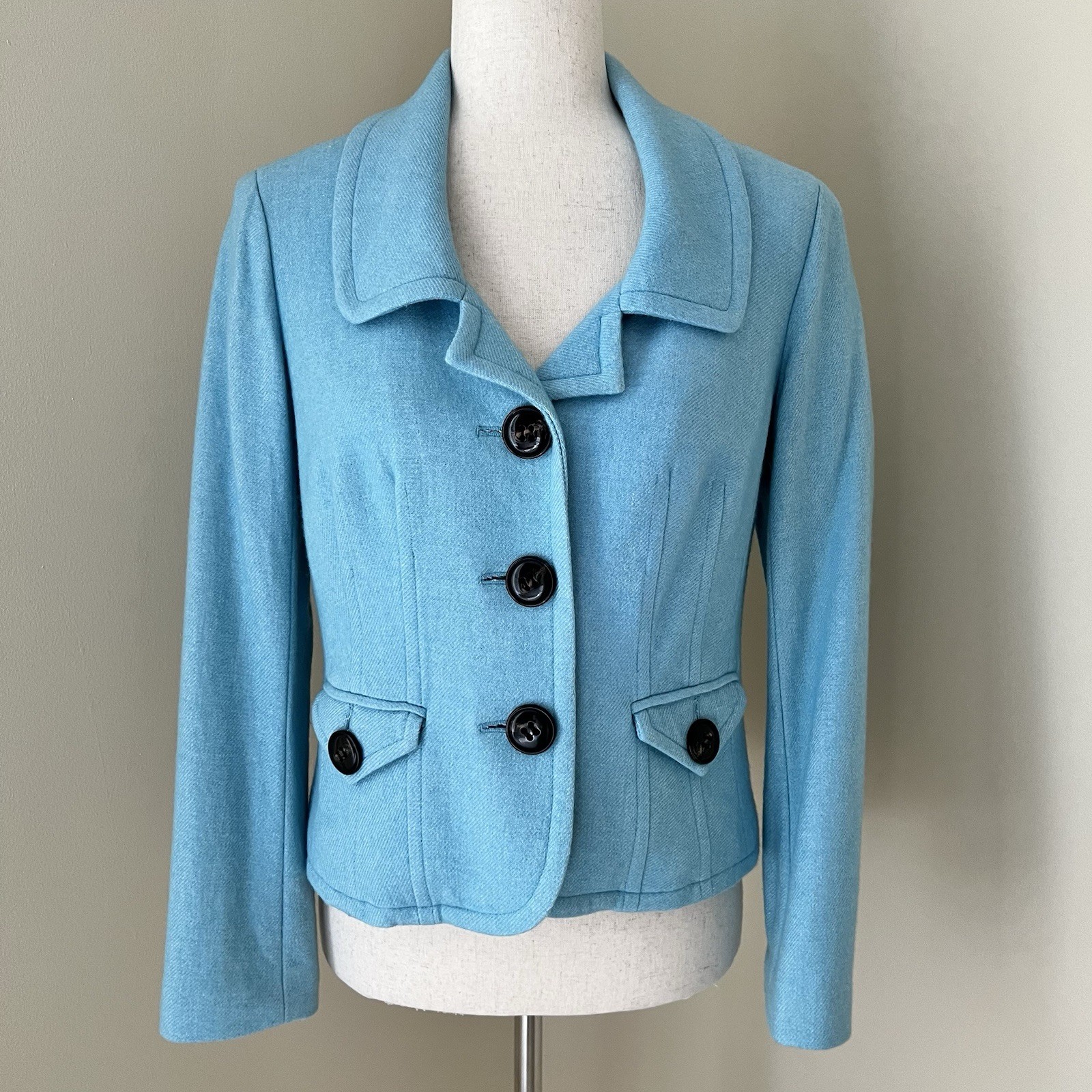 VTG Talbots Womens Wool Blend 3-Button Blazer Sz 6P Blue Envelope Pocket Spring
