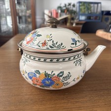 Kamenstein Enamel Floral Tea Kettle Wood Handle Vintage Kitchen Decor 1982 Clean