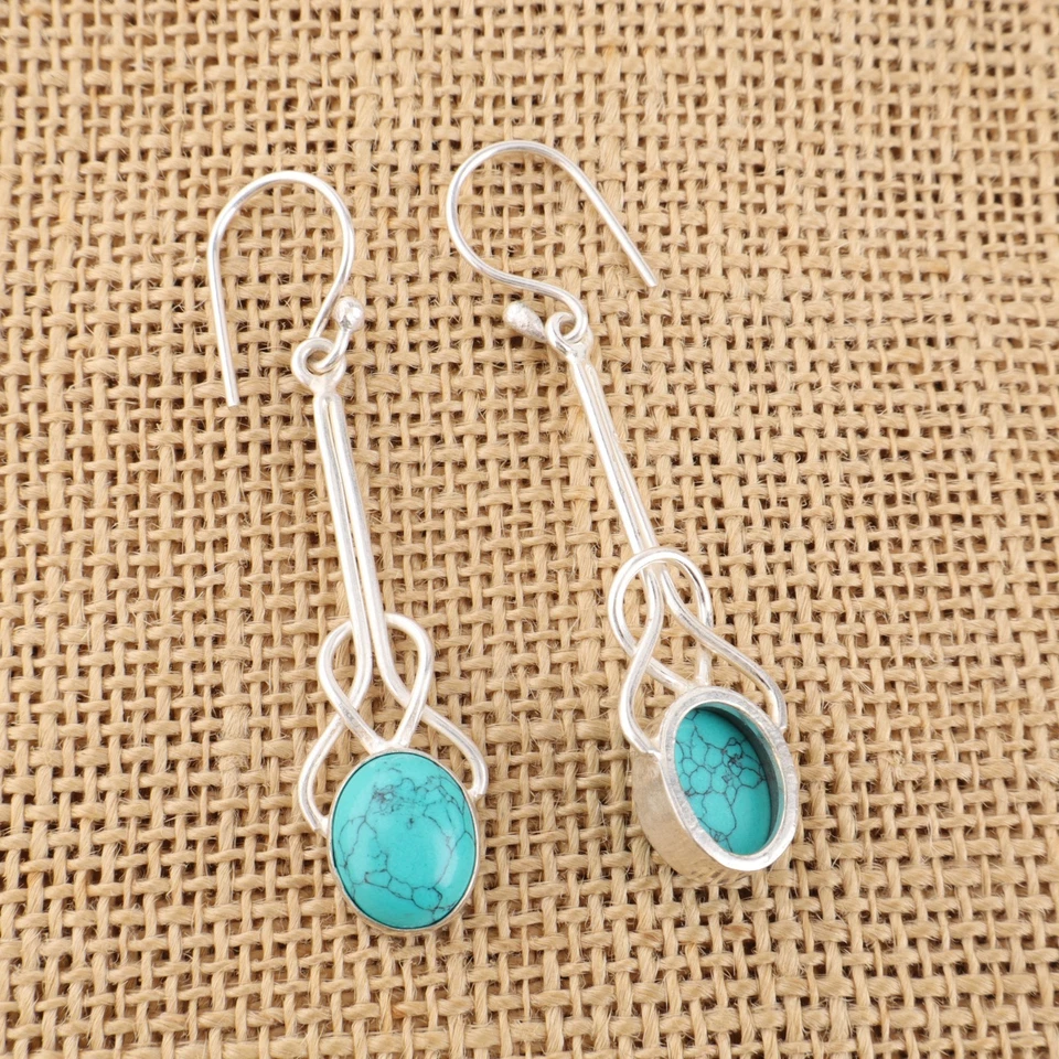 Blauer Türkis Edelstein 925 Sterlingsilber Handarbeit Schmuck Ohrring 1,76 Zoll - Bild 2 von 4