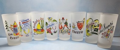 Federal Glass Frosted Highball Tumblers with CHEERS! in 8 Different Languages