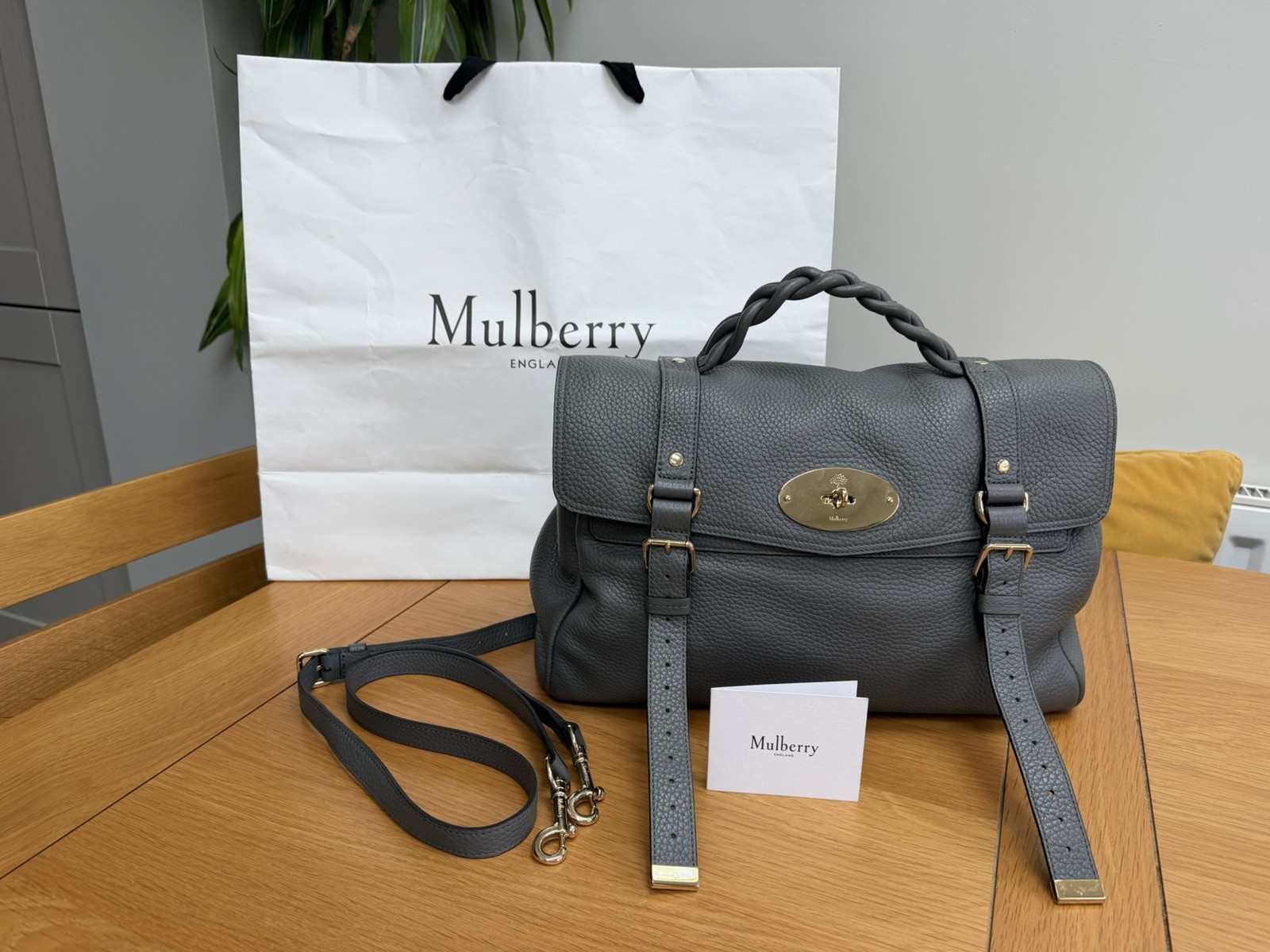 MULBERRY oversized Alexa charcoal heavy grain leather satchel/crossbody bag.