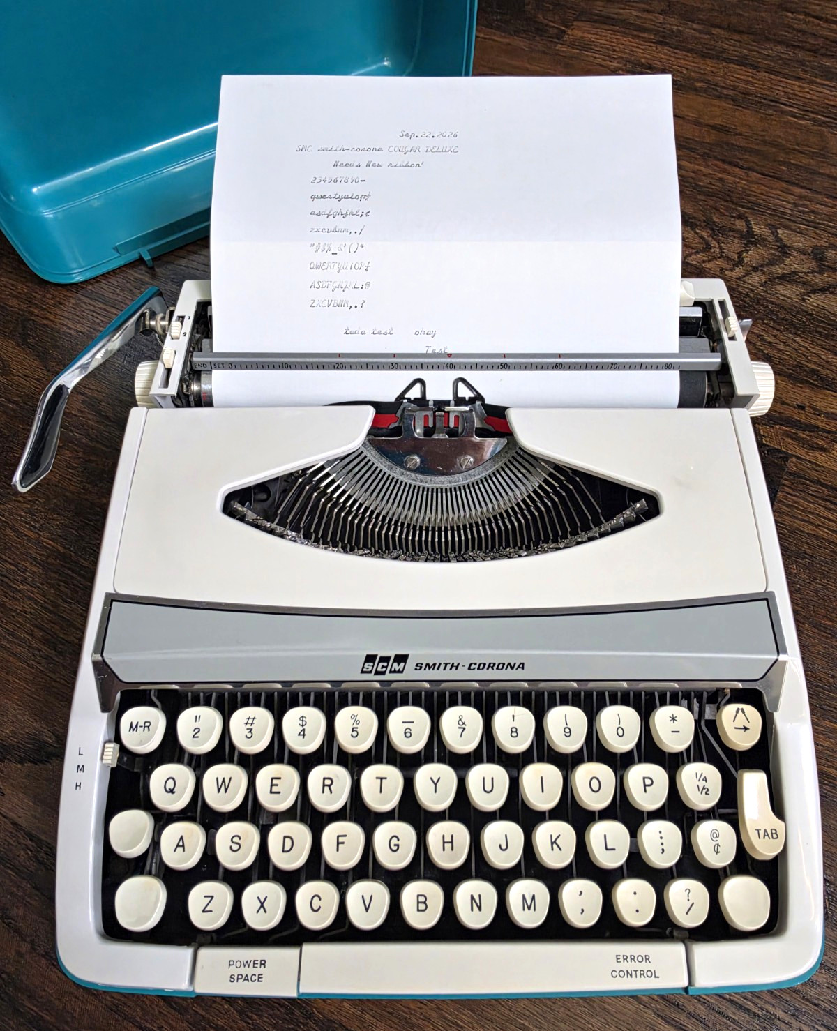 Cursive Script Smith-Corona Cougar Deluxe Portable Typewriter