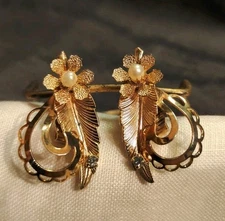 Dainty Gold Tone Flower with Pearl Center, Leaf with Rhinestone Clip on Earrings