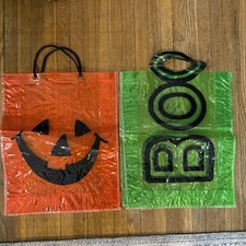 Vintage 2 Halloween Trick Or Treat Bags Transparent Orange Pumpkin Face 16x13in