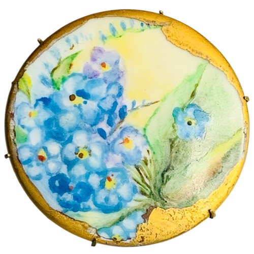 Antique Victorian Edwardian Hand Painted Forget-Me-Knot Porcelain Brooch