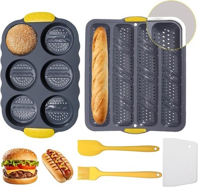 5 Pcs Silicone Hburr Bun Pan and Baguette Pan Set,Non-sti 4 Wave