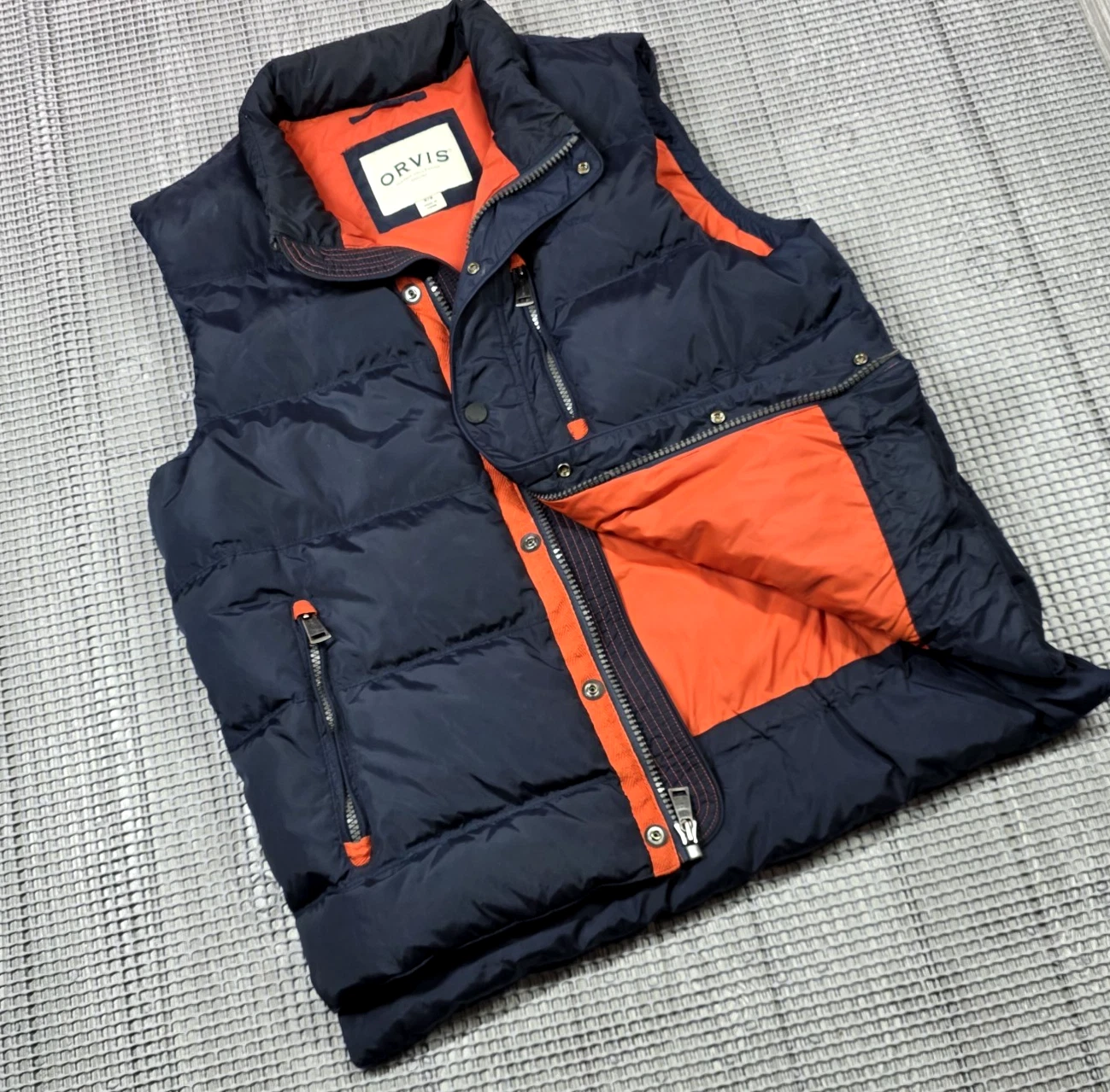 Orvis Essex Duck Down Blue Orange Quilted Puffer Vest Jacket M Adjustable waist