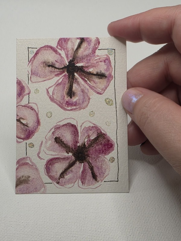 ACEO Art Card Original Hand-Painted Watercolor, Red Purple Flowers, Floral