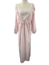 Vintage Christian Dior Nightgown Women Large Pink Lace Long Sleeve Satin USA 70s