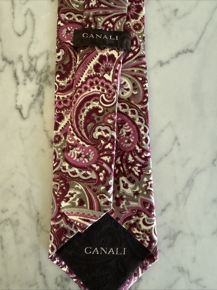 Corbata de seda Canali rosa crema estampado cachemir hecha en Italia Foto 3 de 4