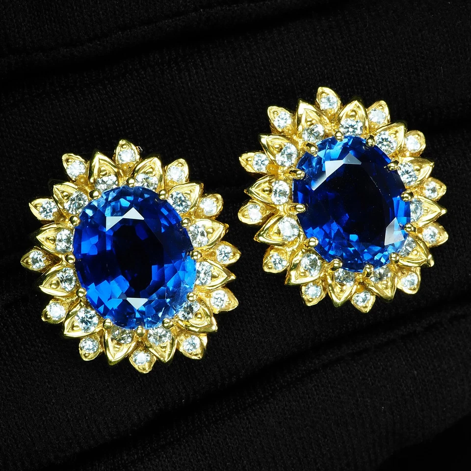 Orecchini in argento sterling 925 placcato oro 24 carati zaffiro blu reale... - Immagine 3 di 4