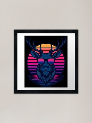 Hirsch auf Retro Synthwave Hintergrund Gerahmtes Wandbild Poster Leinwanddruck Bild