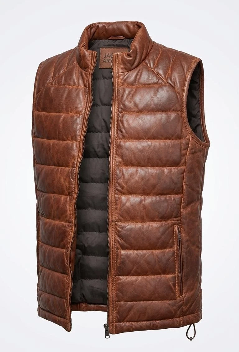 Men’s Brown Leather Puffer Vest Genuine Quilted Jacket Winter Warm Zip Up Casual