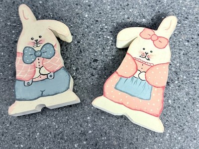 VTG BUNNY RABBIT COUPLE  wood Folk Art Tole Painting Spring Easter 5 
