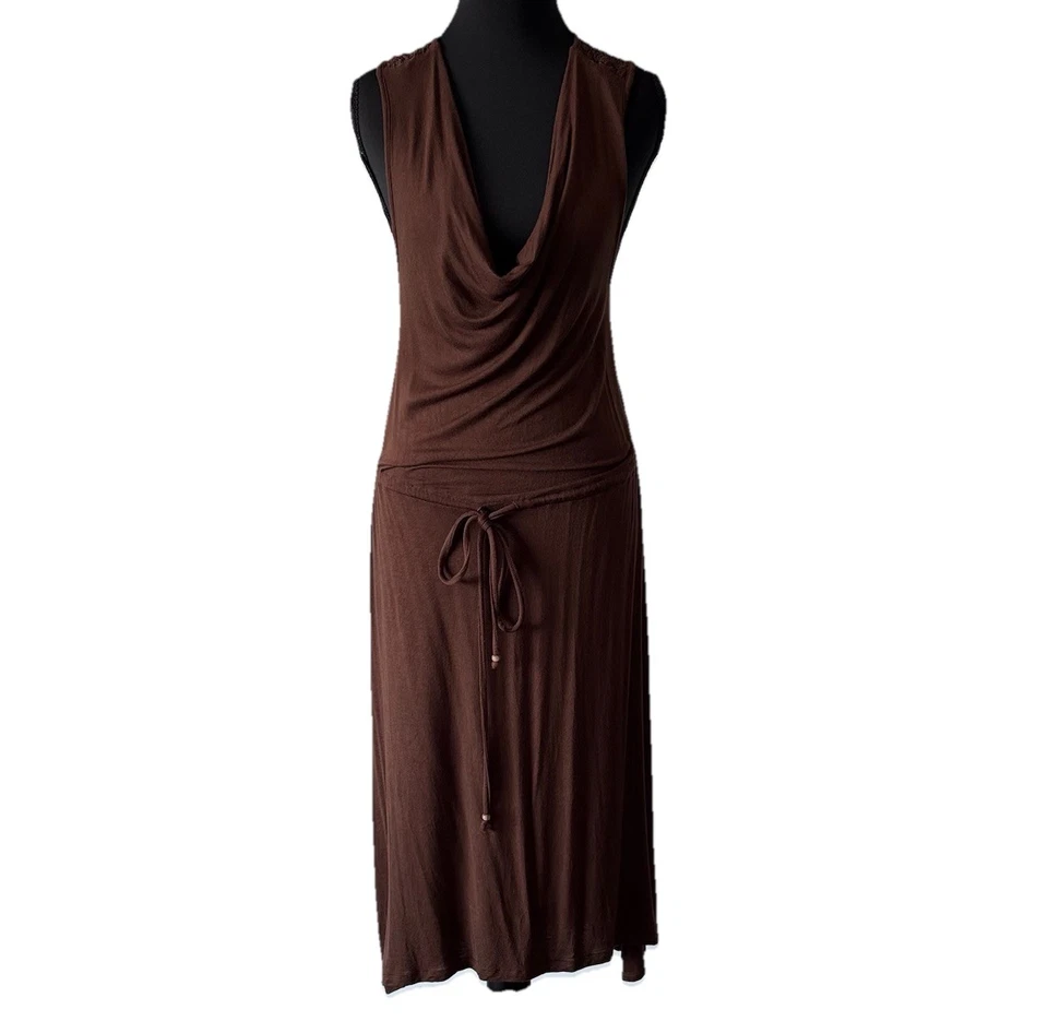 Vestido Midi Vintage Cuello Capucha L Marrón Espalda Bordado Boho Lagenlook Hada Hippie Foto 2 de 4