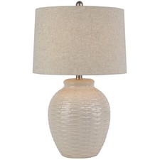 Image of White Ceramic Table Lamp Linen Shade Basketweave Textured Bedroom Lounge