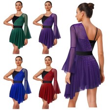 Women's Shiny Figure Skating Dress Single Flared Sleeve Lyrical Ballet Leotard