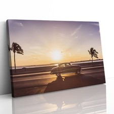 Cuba Classic Car Sunset Canvas Framed Print Picture Wall Art