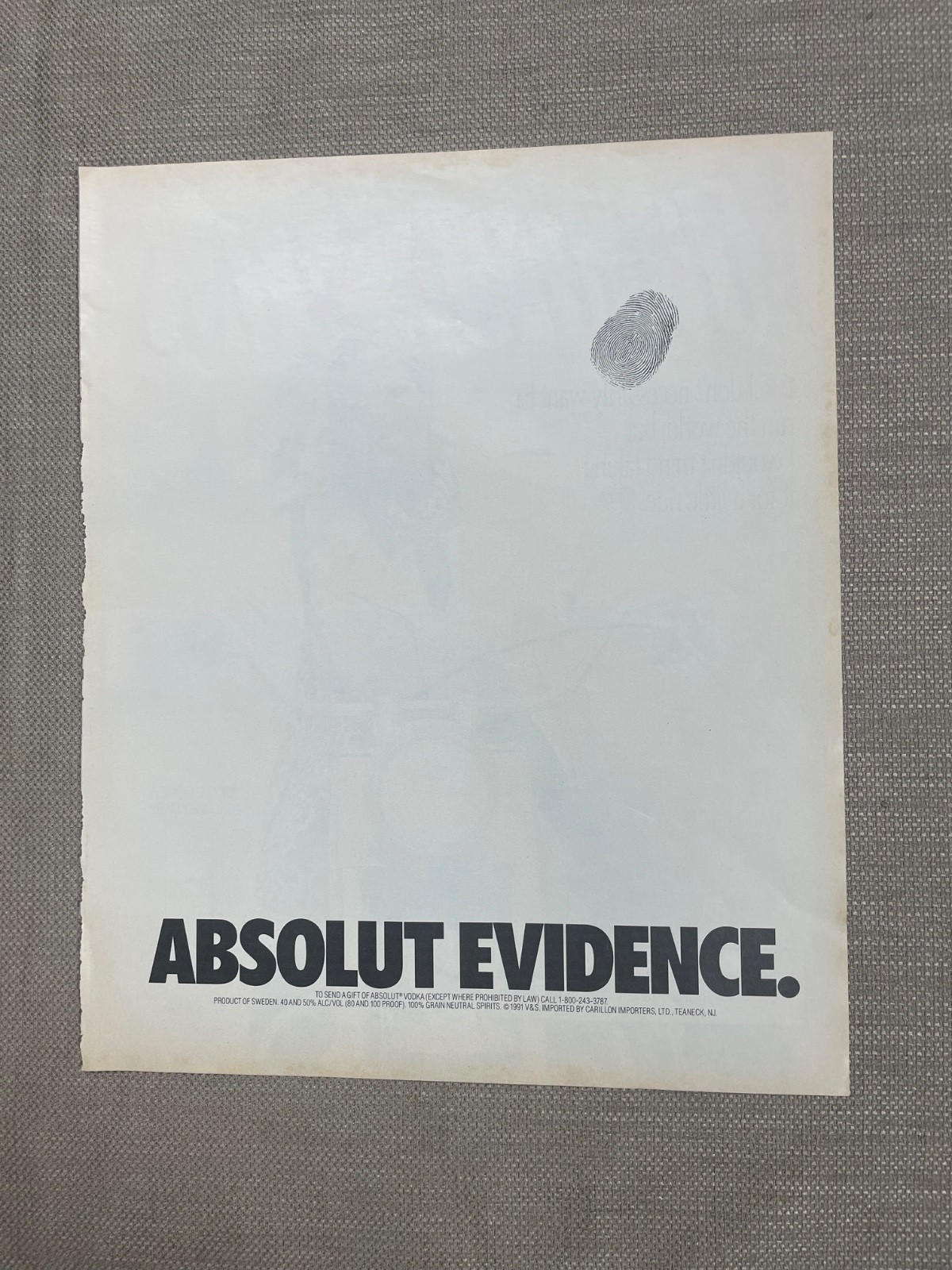 Absolut Vodka 1991 Magazine Advertisement Ad ABSOLUT EVIDENCE