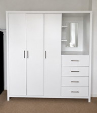 White 3 Door Mirrored Wardrobe Hinged Doors 3 Shelves Rail 4 Drawers