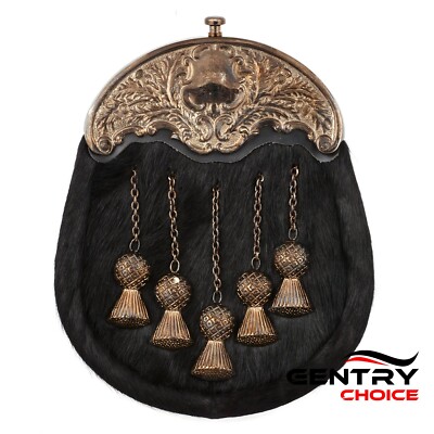 Scottish Sporran with Antique Chrome tassels Black Rabbit Fur