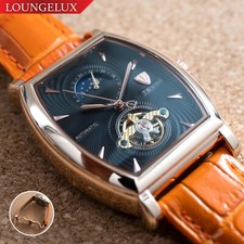 Reloj mecánico automático día y noche oro rosa para hombre cuero naranja esfera 24 horas