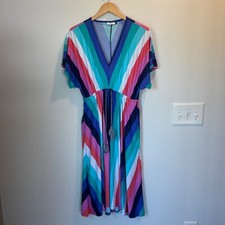 Cabana Life Women's Striped Stretch Midi Dress V-Neck Drawstring Size XS Vacay