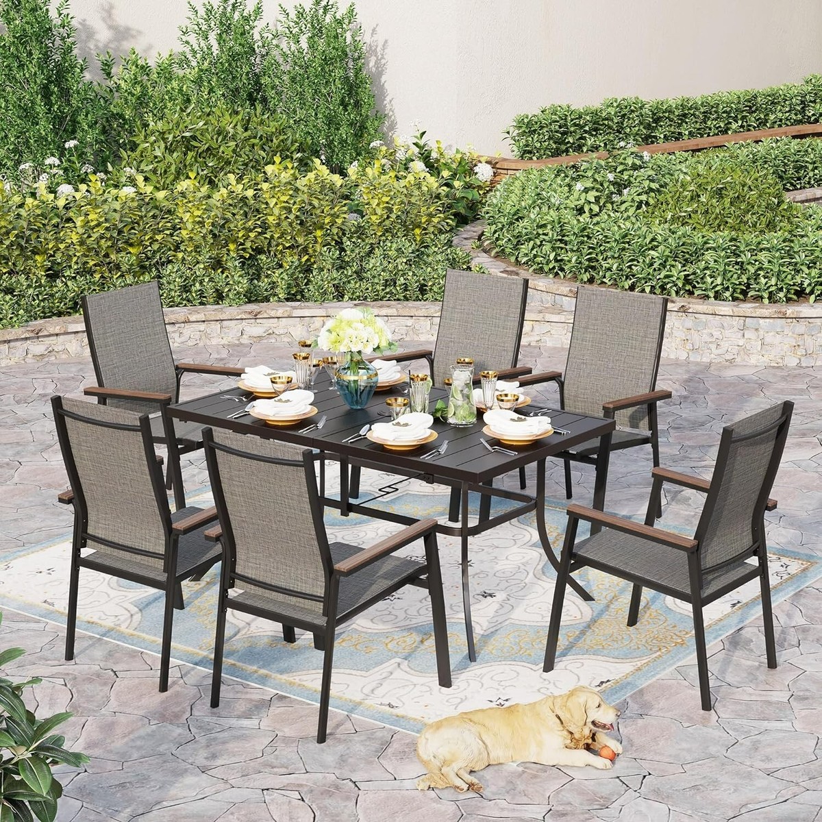 PHI VILLA Piece Outdoor Patio Dining Set with Umbrella Hole for Person  Black