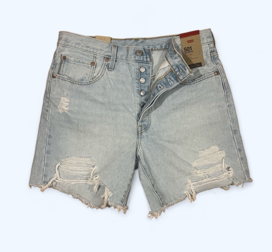 Levis 501 High Rise Button Fly Light Wash Ripped Shorts Size 31
