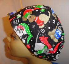 Ladies scrub hat dogs dressed for Christmas black Vashon style elastic in back