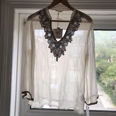 Free Minds UK 10 See Through Beaded Hippy Festival Nude Cream Top 