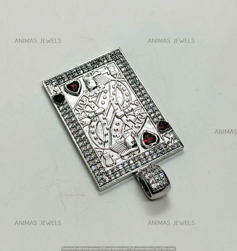 Men's King Card Pendant 1.50 CT Lab-Created Diamond & Garnet 925 Sterling Silver - Picture 3 of 7