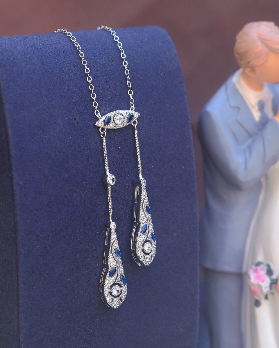 Collier Pendentif Broche Style Belle Époque Avec CZ Bleu Rhodié - Neuf Sans Emballage