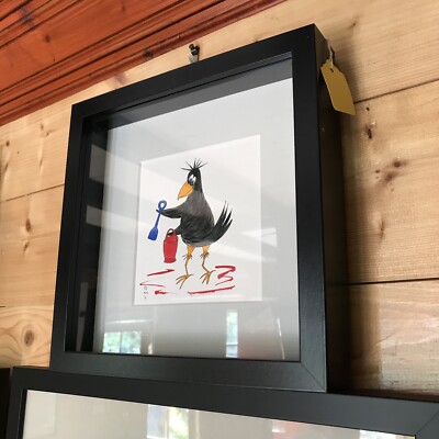 Originalkunst: 9 Zoll quadratischer schwarzer Rahmen Krähe geht in den Urlaub #PeterBrighouseArtist