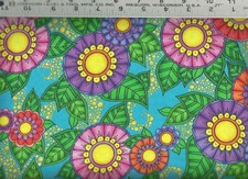 Quilting Treasures Bright Flowers Leaves Blue 100 Cotton Quilt Fabric BTY