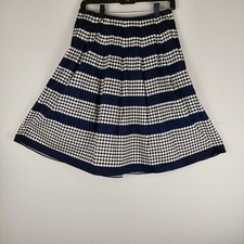 Talbots Women's Petites 2P Skirt Striped Polka Dot Navy Blue Cream Pleated EUC