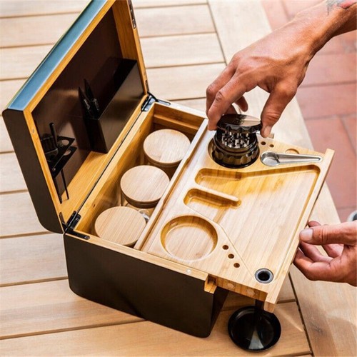Wooden Storage Chest With Movable Tray Lockable Wood Stash Box Rolling Tray Gift - Picture 3 of 8
