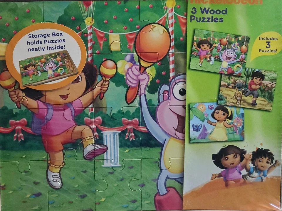 Paquete de 3 rompecabezas de madera Nickelodeon 2011 en caja de almacenamiento de madera de Cardinal Dora nuevos Foto 2 de 4