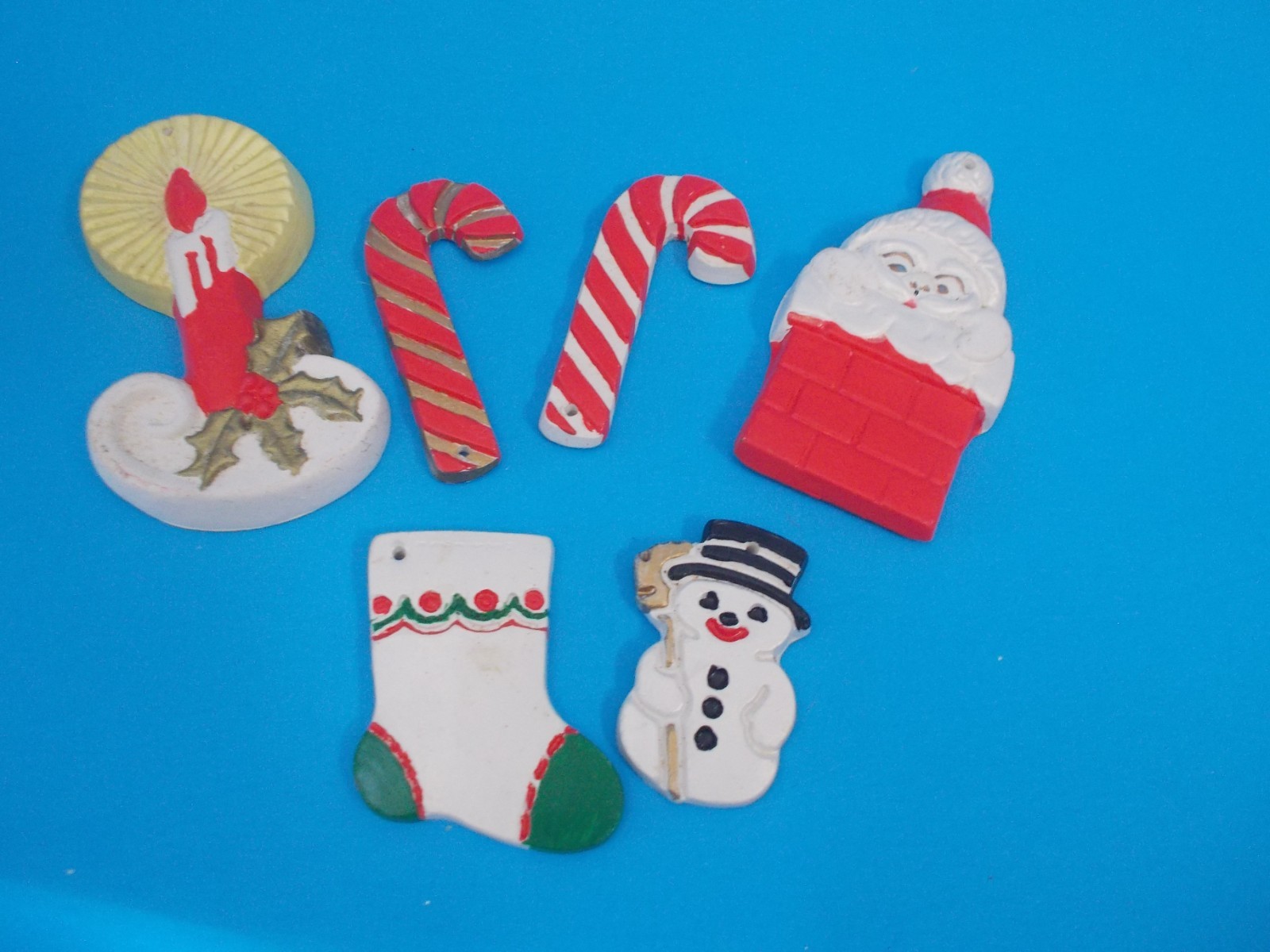 VTG Lot of 6 Handmade Ceramic CHRISTMAS Ornaments Santa Snowman Candy Cane