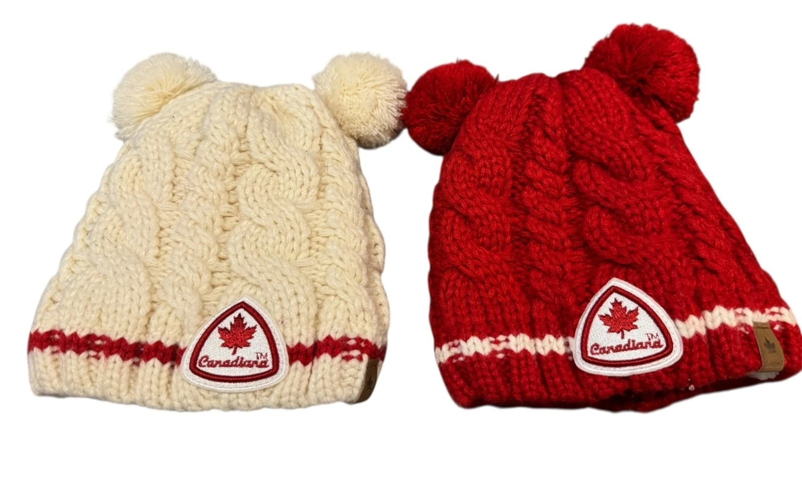 Canadiana Infant Cable Knit Winter Hats 12-24M Red & White Pom Beanie Set