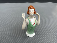 Rare Antique German 4.25" Half Doll -Red Head Holding Poker Playing Card A192