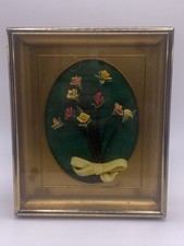 Vintage 3D Flowers In Gold Metal Frame MCM Floral Art Cottagecore Granny Chic
