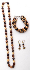 Set of 3 Polished Wood bead necklace, bracelet, and pierced earrings