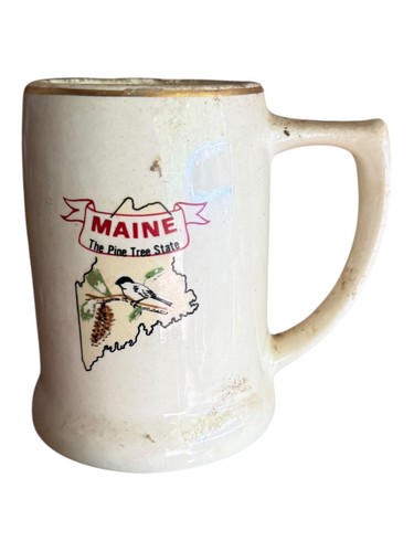 Vintage Maine The Pine Tree State Souvenir Coffee Mug Stein Gold Trim Ceramic