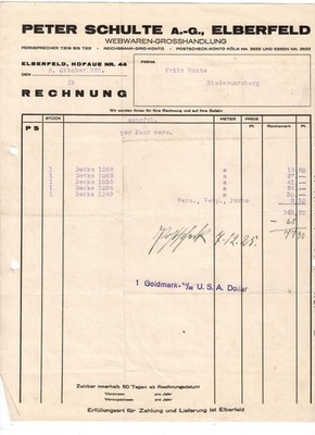 AJ3- Alte Rechnung Peter Schulte AG Wewaren-Großhandlung Elberfeld 1925