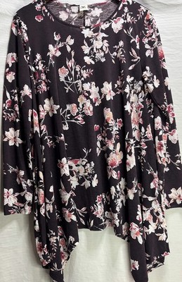 Sew In Love Floral Sharkbite Tunic Top L Black Pink Long Sleeve Stretch NWOT