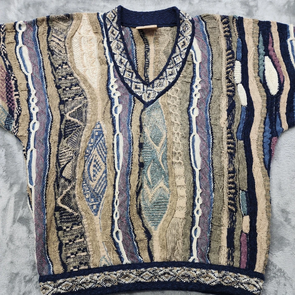 Suéter de punto Coogi vintage para hombre M lino mezcla de algodón tejido 3D texturizado cuello en V Foto 2 de 4