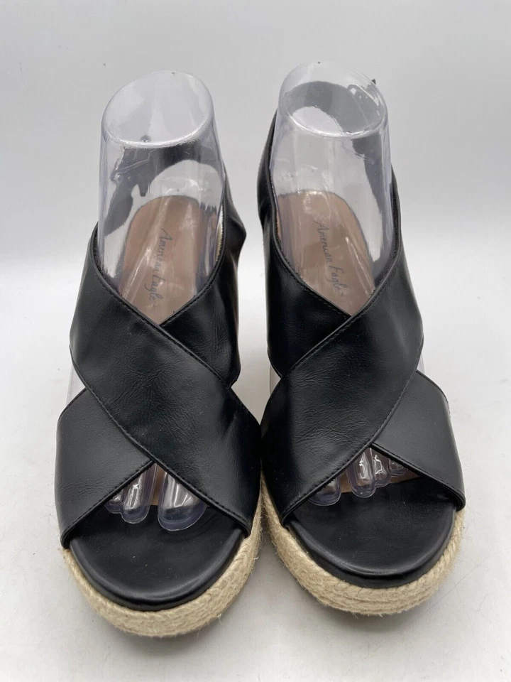 American Eagle Slingback Strappy Sandal Women's Sz 7.5 Wicker Heels Leather - Image 2 of 4